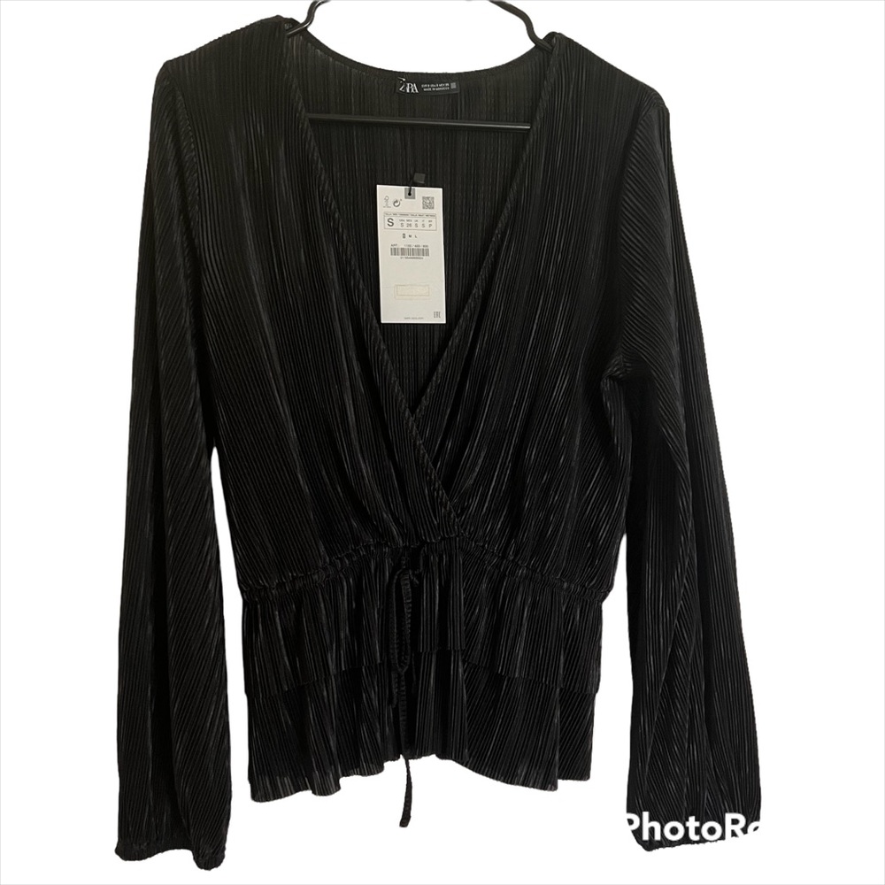 ZARA Black Long Sleeves Faux Wrap V-Neck Peplum Blouse